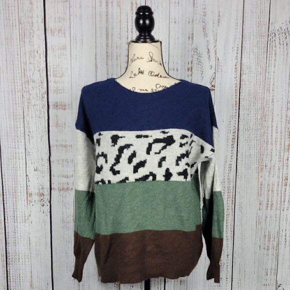 P.S. Love M/L Fuzzy Loose Fit Striped Color Block Cheetah Animal Print Sweater - Picture 1 of 7